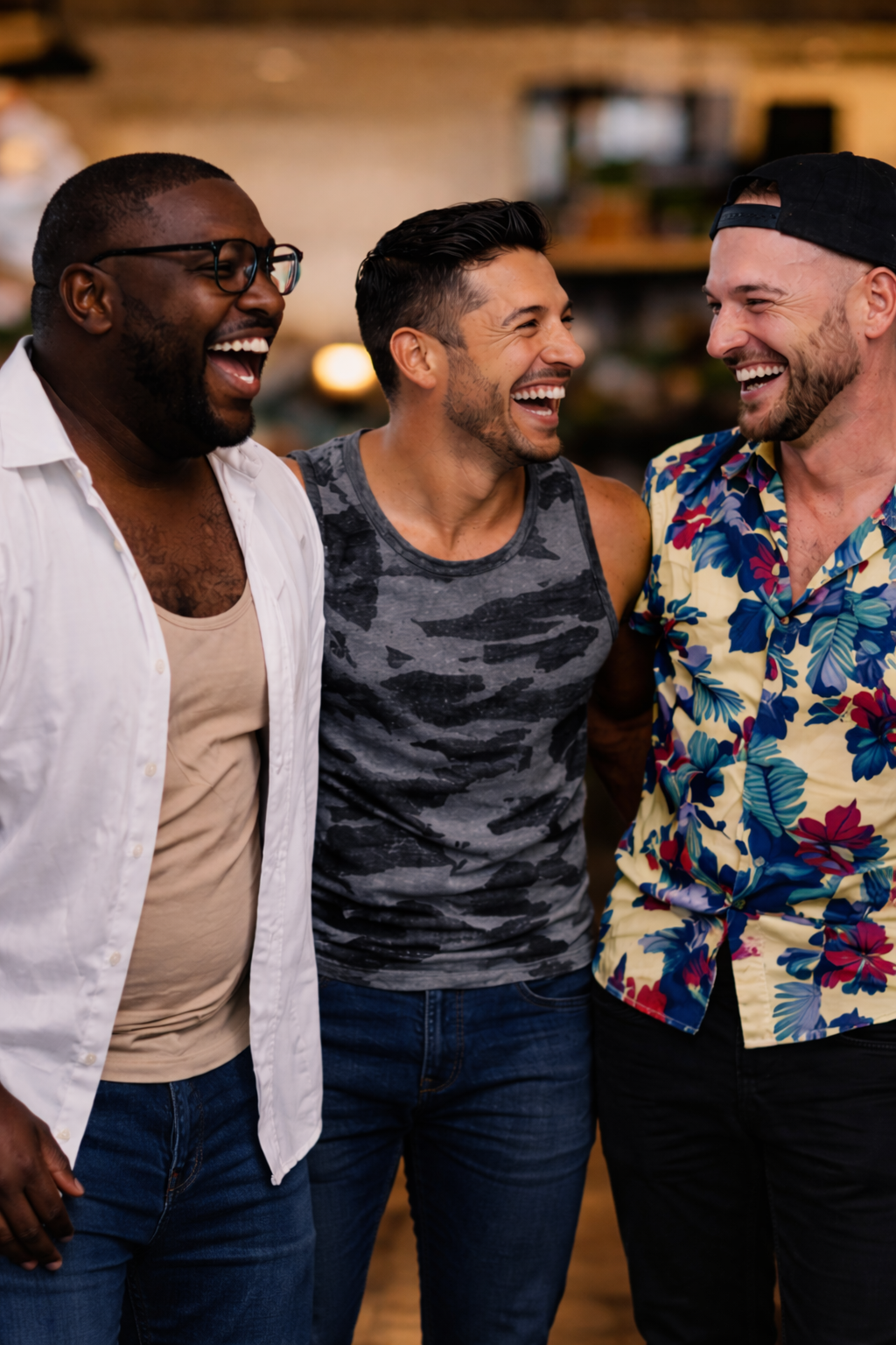 A group of men laughing and connecting at Club Z